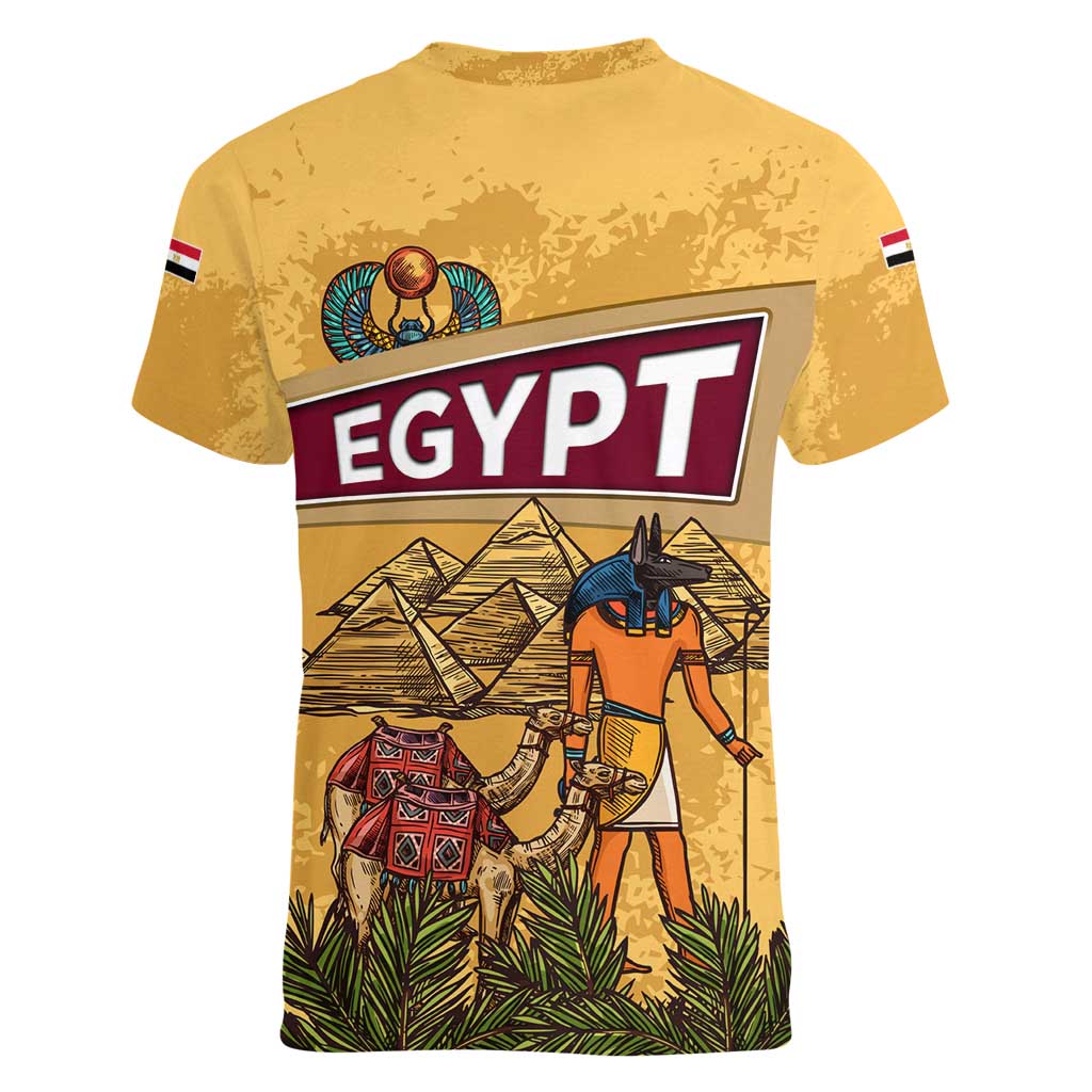 Egyptian Pyramids and Anubis Women V-Neck T-Shirt with Camel Caravan Desert