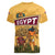Egyptian Pyramids and Anubis Women V-Neck T-Shirt with Camel Caravan Desert