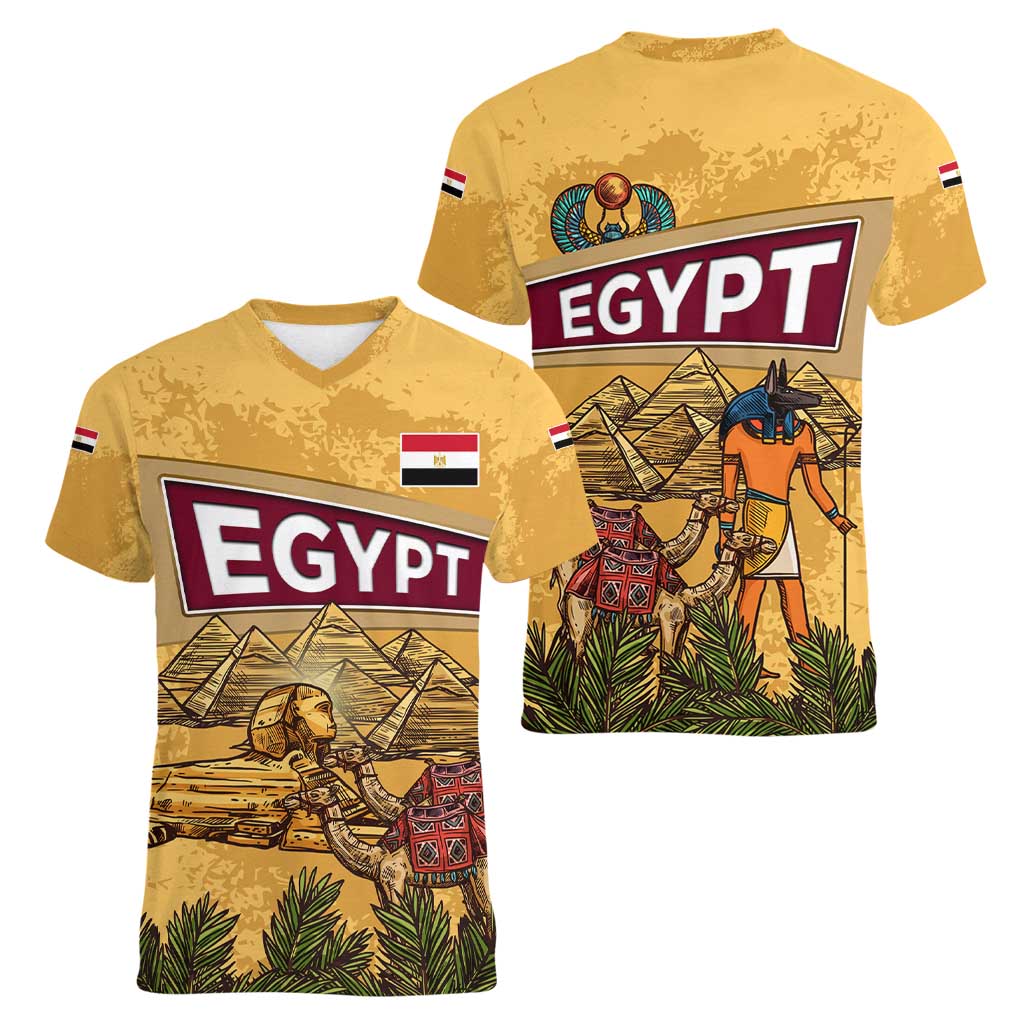 Egyptian Pyramids and Anubis Women V-Neck T-Shirt with Camel Caravan Desert
