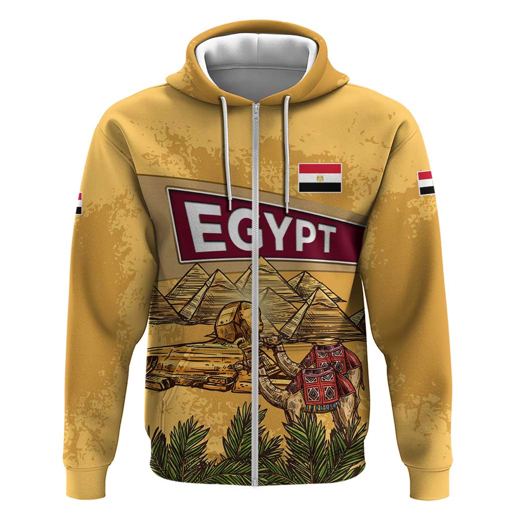 Egyptian Pyramids and Anubis Zip Hoodie with Camel Caravan Desert