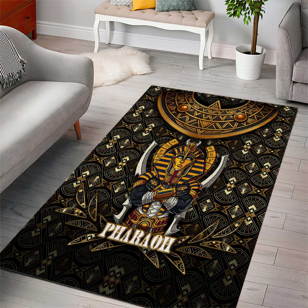 Pharaoh King Tut Egypt Area Rug with Hieroglyphic Gold Pattern