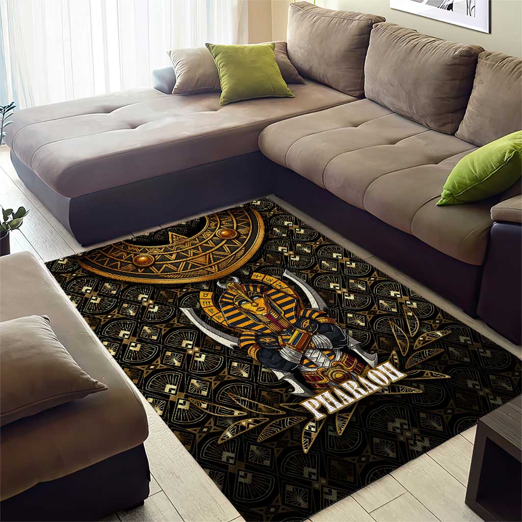 Pharaoh King Tut Egypt Area Rug with Hieroglyphic Gold Pattern
