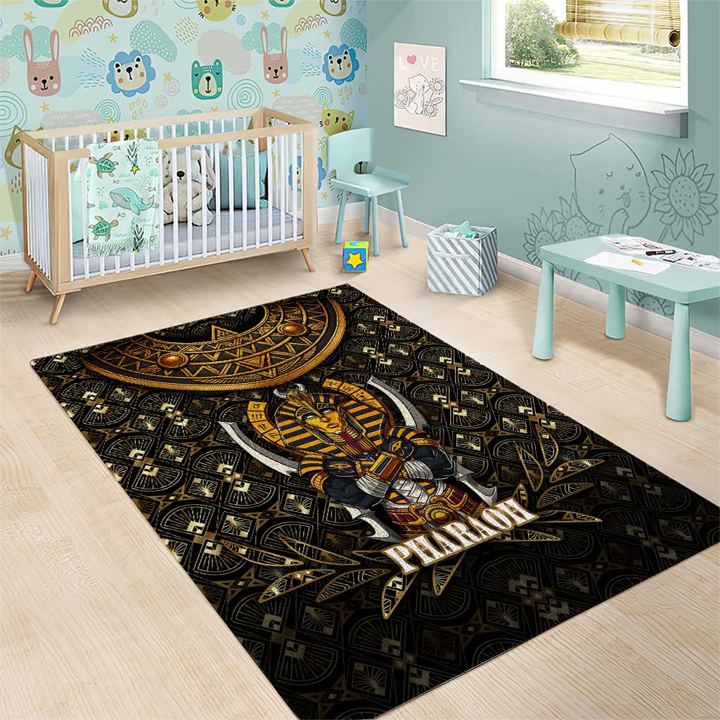 Pharaoh King Tut Egypt Area Rug with Hieroglyphic Gold Pattern