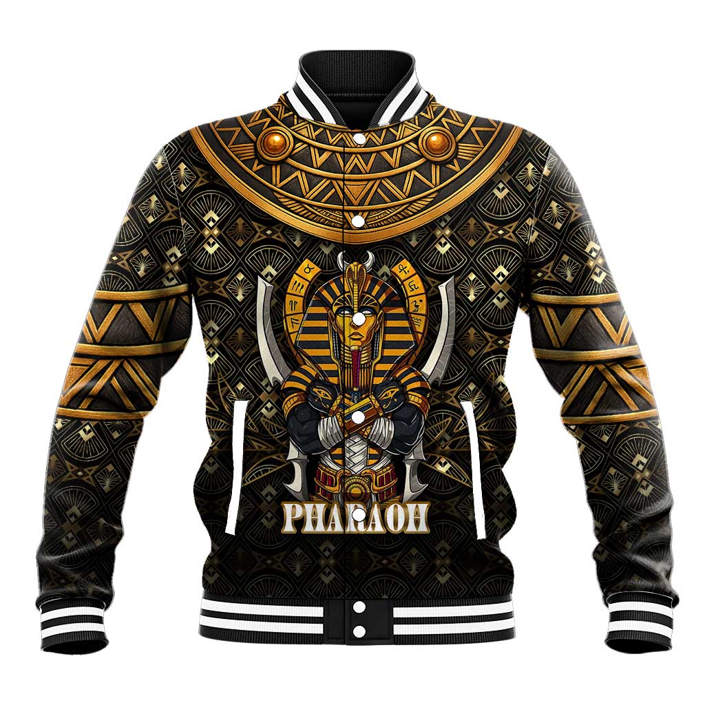 Pharaoh King Tut Egypt Baseball Jacket with Hieroglyphic Gold Pattern