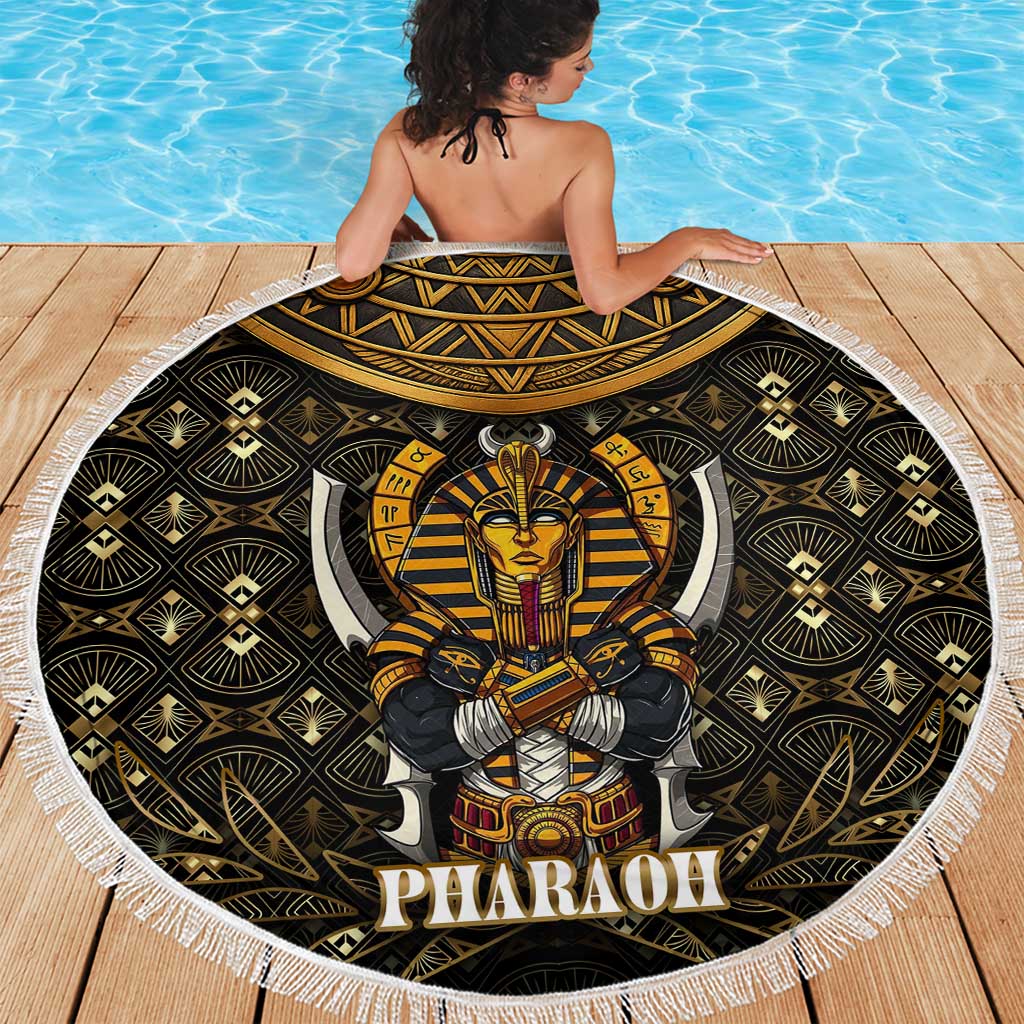 Pharaoh King Tut Egypt Beach Blanket with Hieroglyphic Gold Pattern