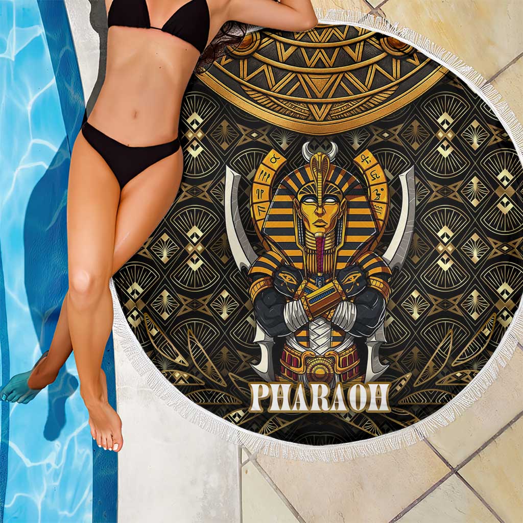 Pharaoh King Tut Egypt Beach Blanket with Hieroglyphic Gold Pattern