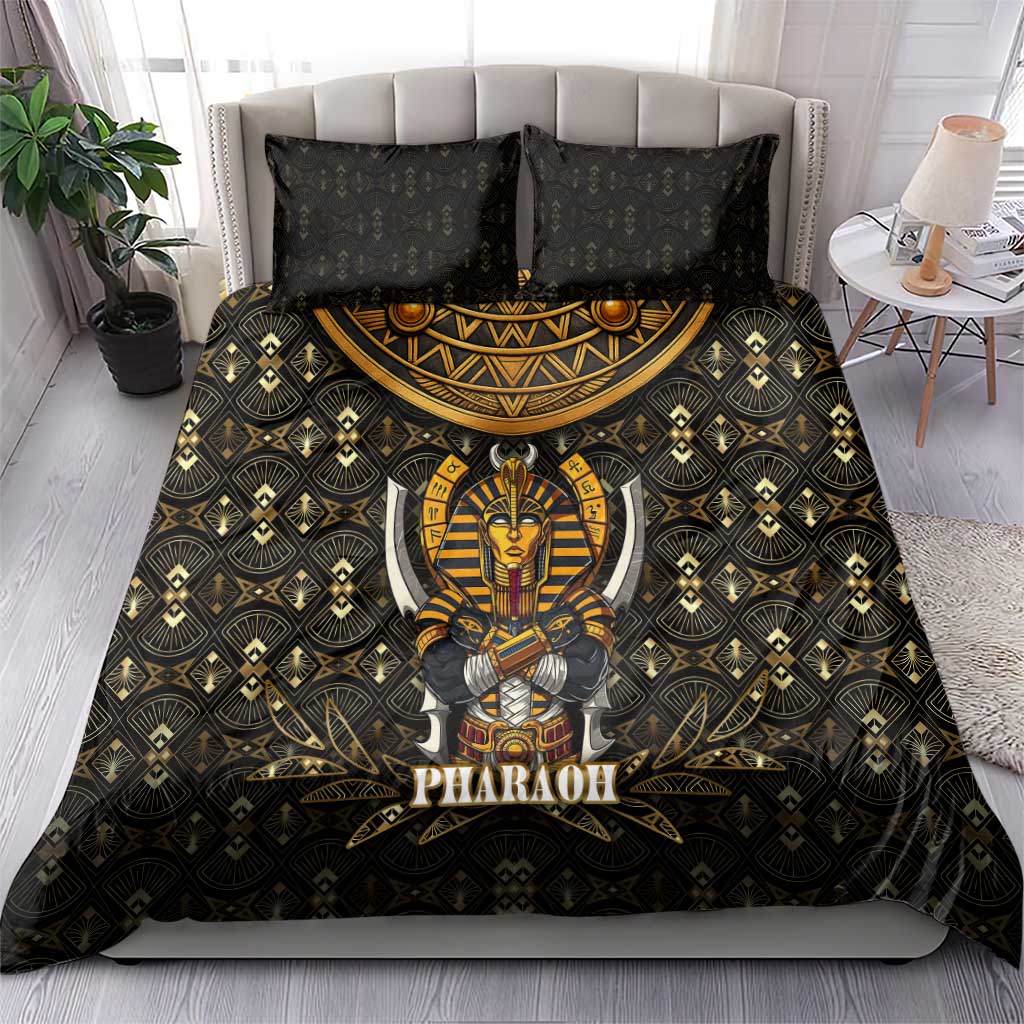 Pharaoh King Tut Egypt Bedding Set with Hieroglyphic Gold Pattern