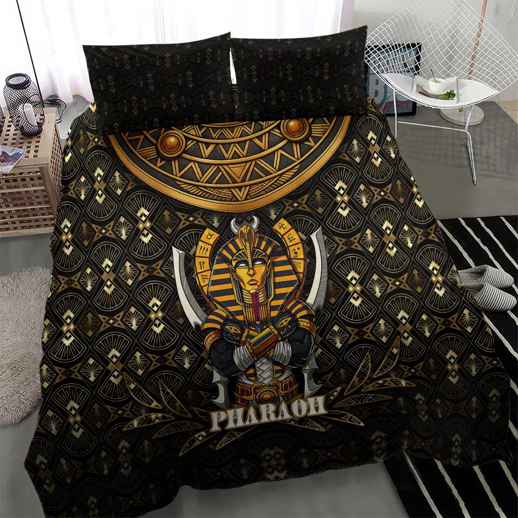 Pharaoh King Tut Egypt Bedding Set with Hieroglyphic Gold Pattern
