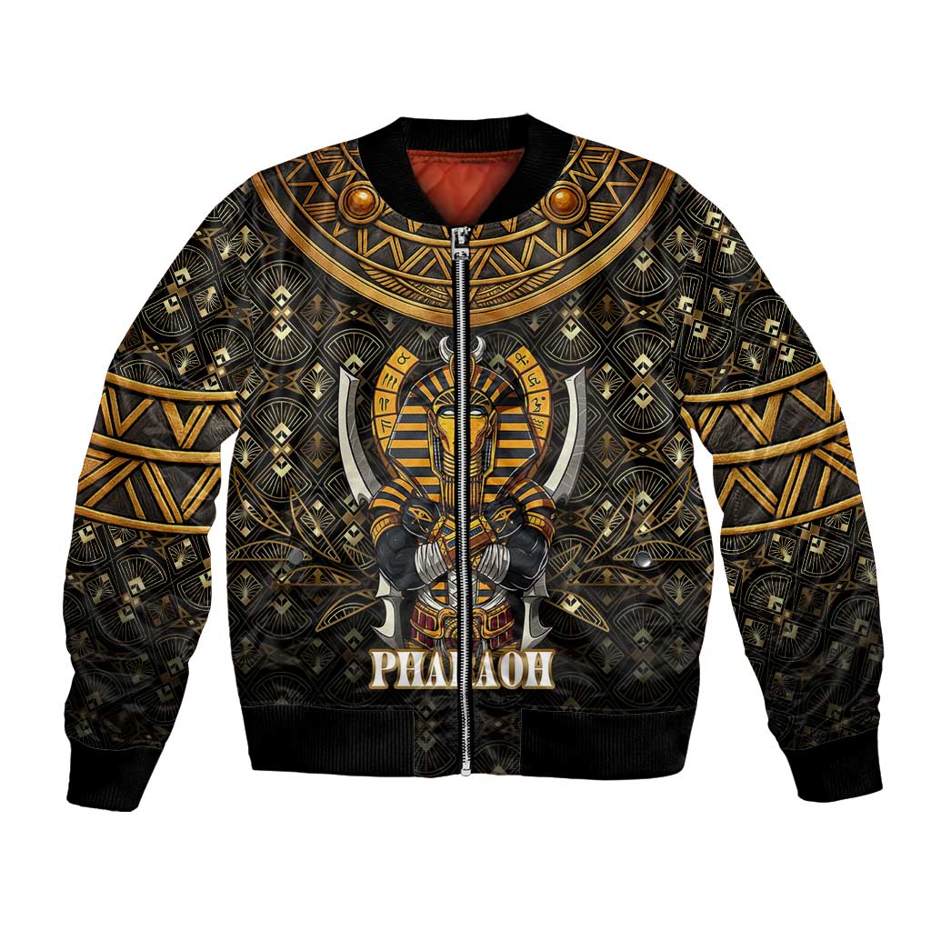 Pharaoh King Tut Egypt Bomber Jacket with Hieroglyphic Gold Pattern
