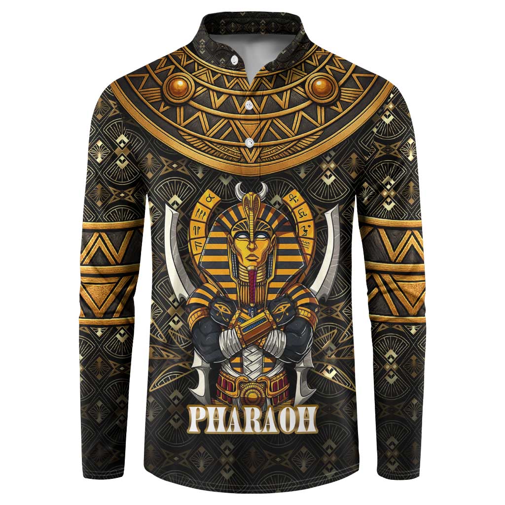 Pharaoh King Tut Egypt Button Sweatshirt with Hieroglyphic Gold Pattern