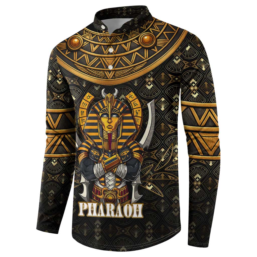 Pharaoh King Tut Egypt Button Sweatshirt with Hieroglyphic Gold Pattern