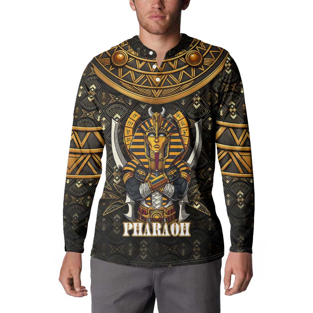 Pharaoh King Tut Egypt Button Sweatshirt with Hieroglyphic Gold Pattern
