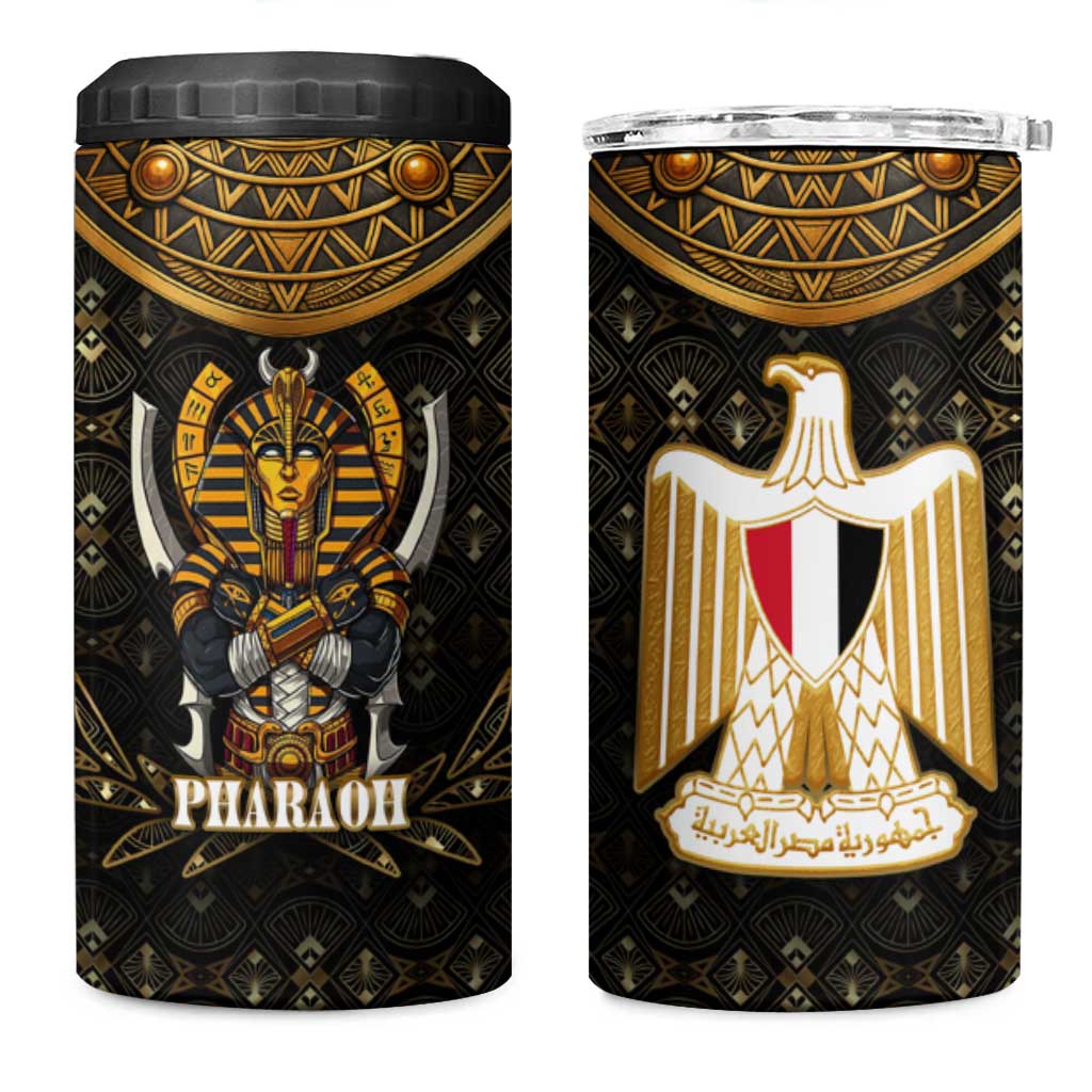 Pharaoh King Tut Egypt 4 in 1 Can Cooler Tumbler with Hieroglyphic Gold Pattern