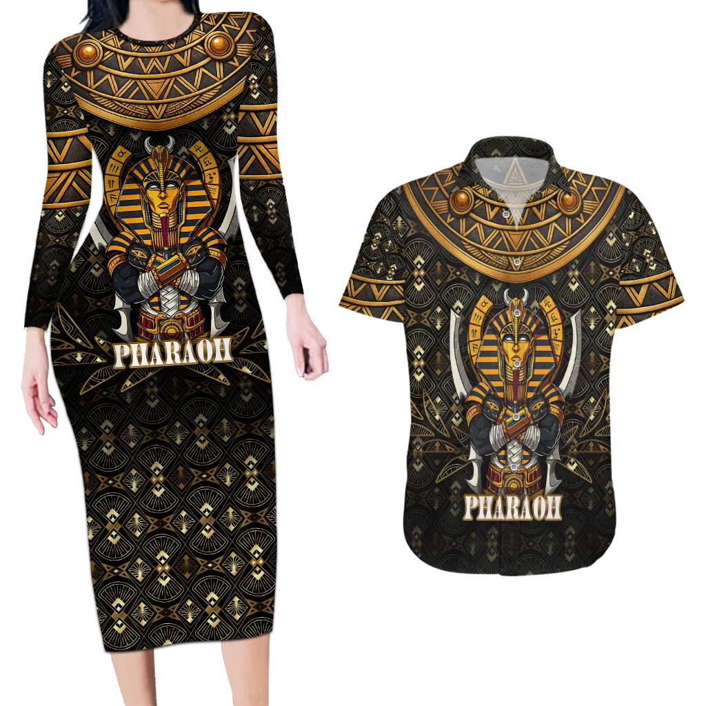 Pharaoh King Tut Egypt Couples Matching Long Sleeve Bodycon Dress and Hawaiian Shirt with Hieroglyphic Gold Pattern