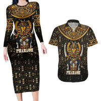 Pharaoh King Tut Egypt Couples Matching Long Sleeve Bodycon Dress and Hawaiian Shirt with Hieroglyphic Gold Pattern