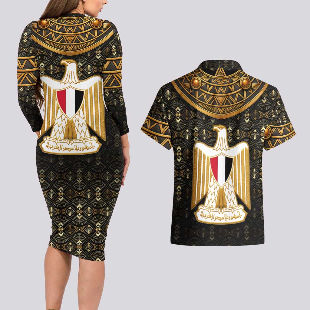 Pharaoh King Tut Egypt Couples Matching Long Sleeve Bodycon Dress and Hawaiian Shirt with Hieroglyphic Gold Pattern