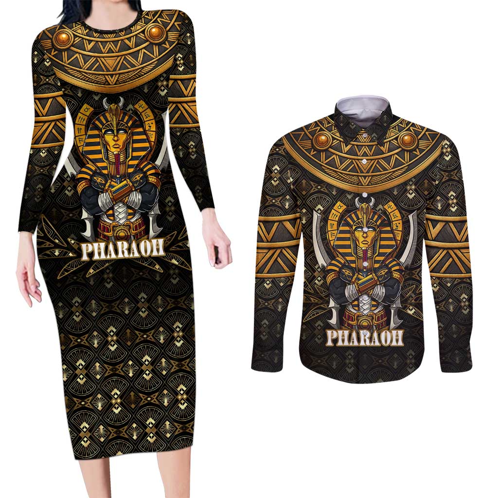 Pharaoh King Tut Egypt Couples Matching Long Sleeve Bodycon Dress and Long Sleeve Button Shirt with Hieroglyphic Gold Pattern