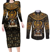 Pharaoh King Tut Egypt Couples Matching Long Sleeve Bodycon Dress and Long Sleeve Button Shirt with Hieroglyphic Gold Pattern