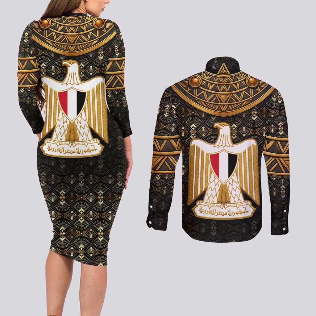 Pharaoh King Tut Egypt Couples Matching Long Sleeve Bodycon Dress and Long Sleeve Button Shirt with Hieroglyphic Gold Pattern