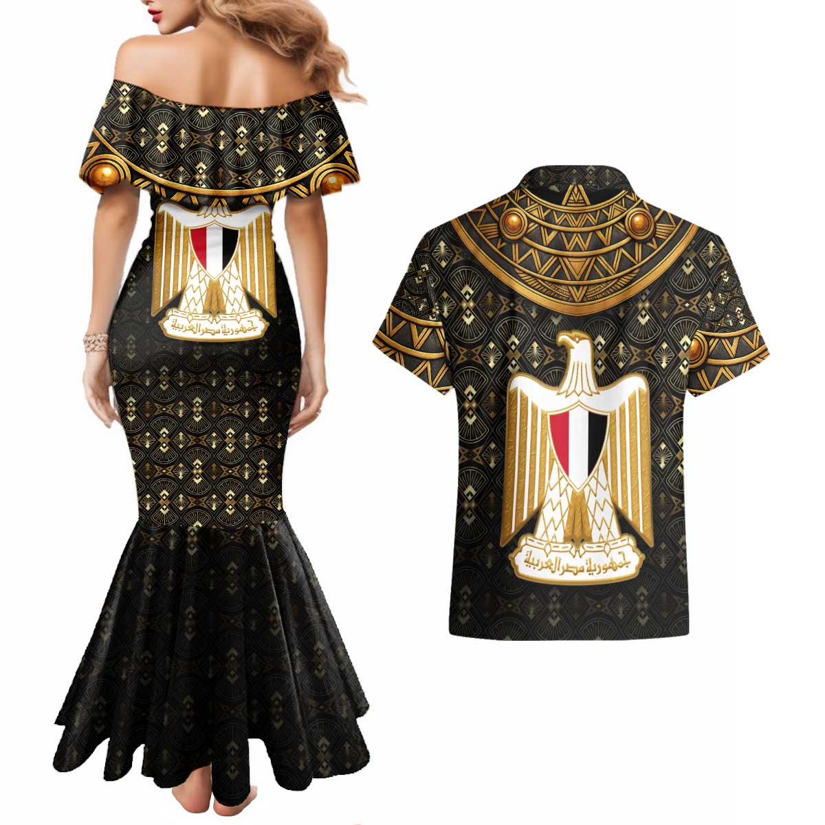 Pharaoh King Tut Egypt Couples Matching Mermaid Dress and Hawaiian Shirt with Hieroglyphic Gold Pattern