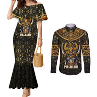 Pharaoh King Tut Egypt Couples Matching Mermaid Dress and Long Sleeve Button Shirt with Hieroglyphic Gold Pattern