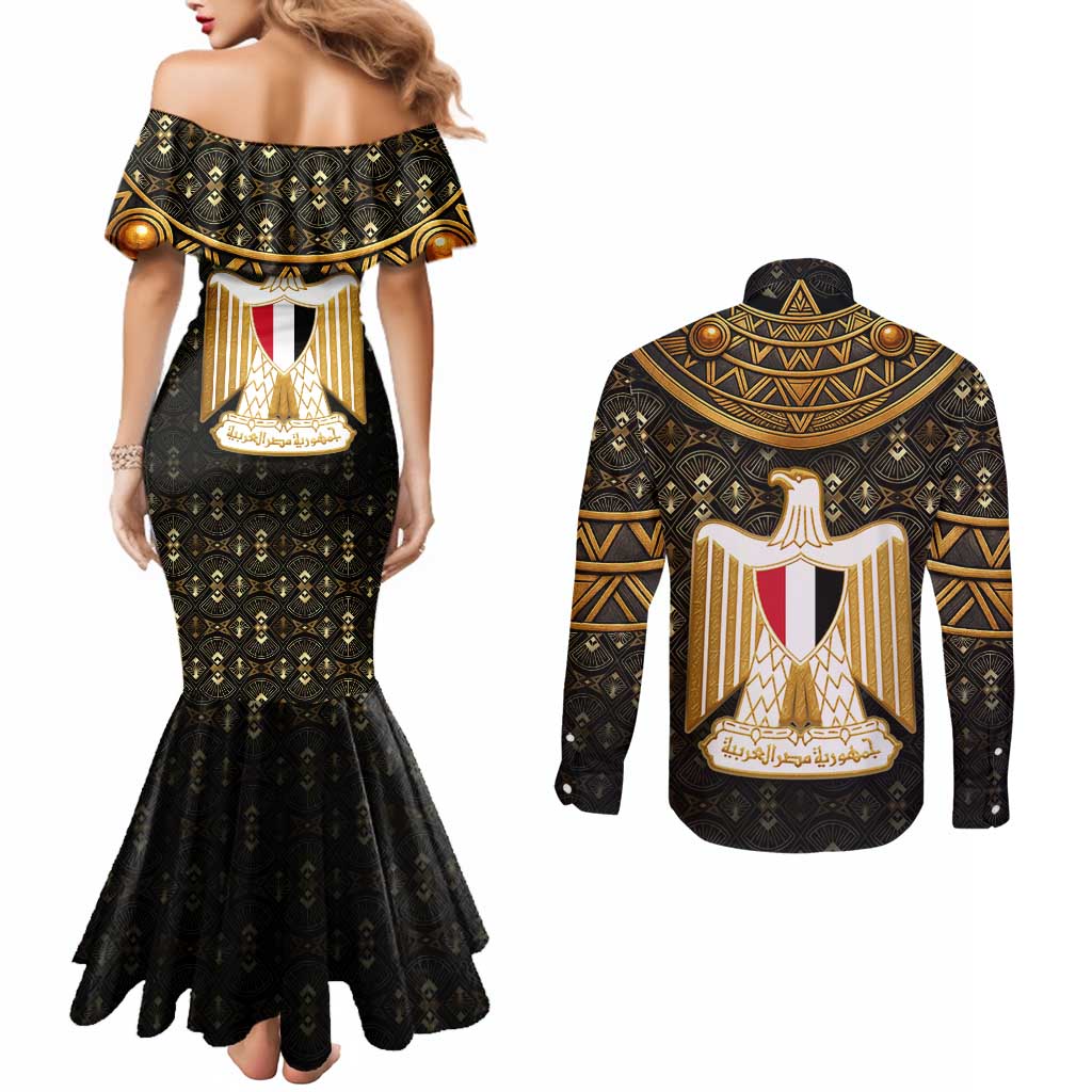 Pharaoh King Tut Egypt Couples Matching Mermaid Dress and Long Sleeve Button Shirt with Hieroglyphic Gold Pattern
