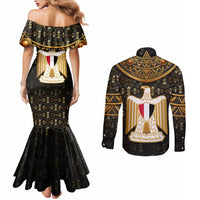 Pharaoh King Tut Egypt Couples Matching Mermaid Dress and Long Sleeve Button Shirt with Hieroglyphic Gold Pattern