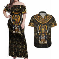 Pharaoh King Tut Egypt Couples Matching Off Shoulder Maxi Dress and Hawaiian Shirt with Hieroglyphic Gold Pattern