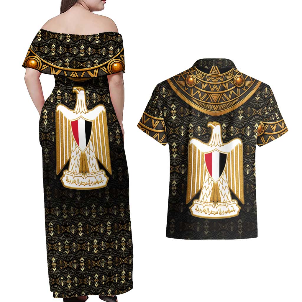Pharaoh King Tut Egypt Couples Matching Off Shoulder Maxi Dress and Hawaiian Shirt with Hieroglyphic Gold Pattern