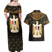 Pharaoh King Tut Egypt Couples Matching Off Shoulder Maxi Dress and Hawaiian Shirt with Hieroglyphic Gold Pattern