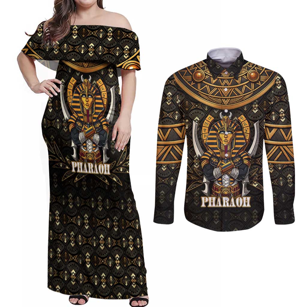 Pharaoh King Tut Egypt Couples Matching Off Shoulder Maxi Dress and Long Sleeve Button Shirt with Hieroglyphic Gold Pattern