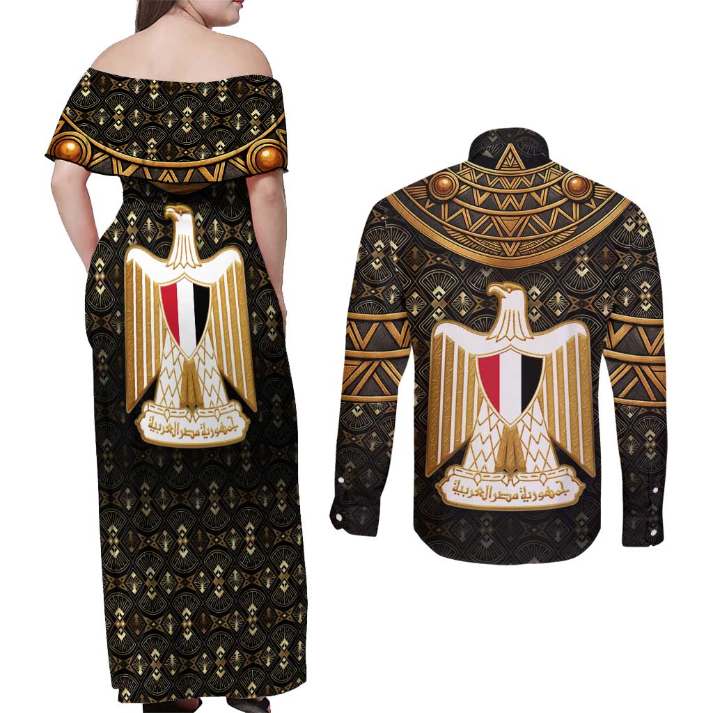 Pharaoh King Tut Egypt Couples Matching Off Shoulder Maxi Dress and Long Sleeve Button Shirt with Hieroglyphic Gold Pattern