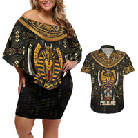 Pharaoh King Tut Egypt Couples Matching Off Shoulder Short Dress and Hawaiian Shirt with Hieroglyphic Gold Pattern