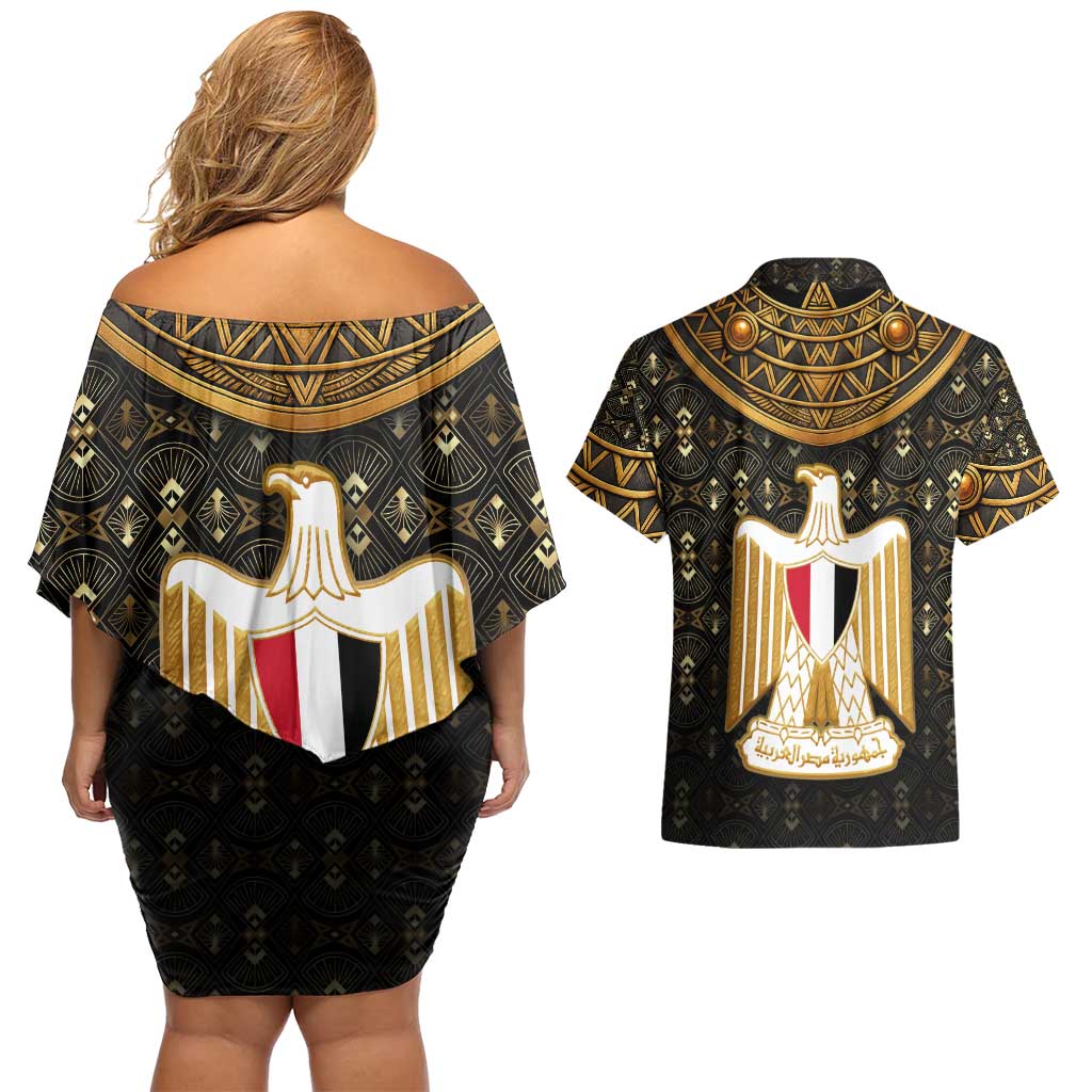 Pharaoh King Tut Egypt Couples Matching Off Shoulder Short Dress and Hawaiian Shirt with Hieroglyphic Gold Pattern