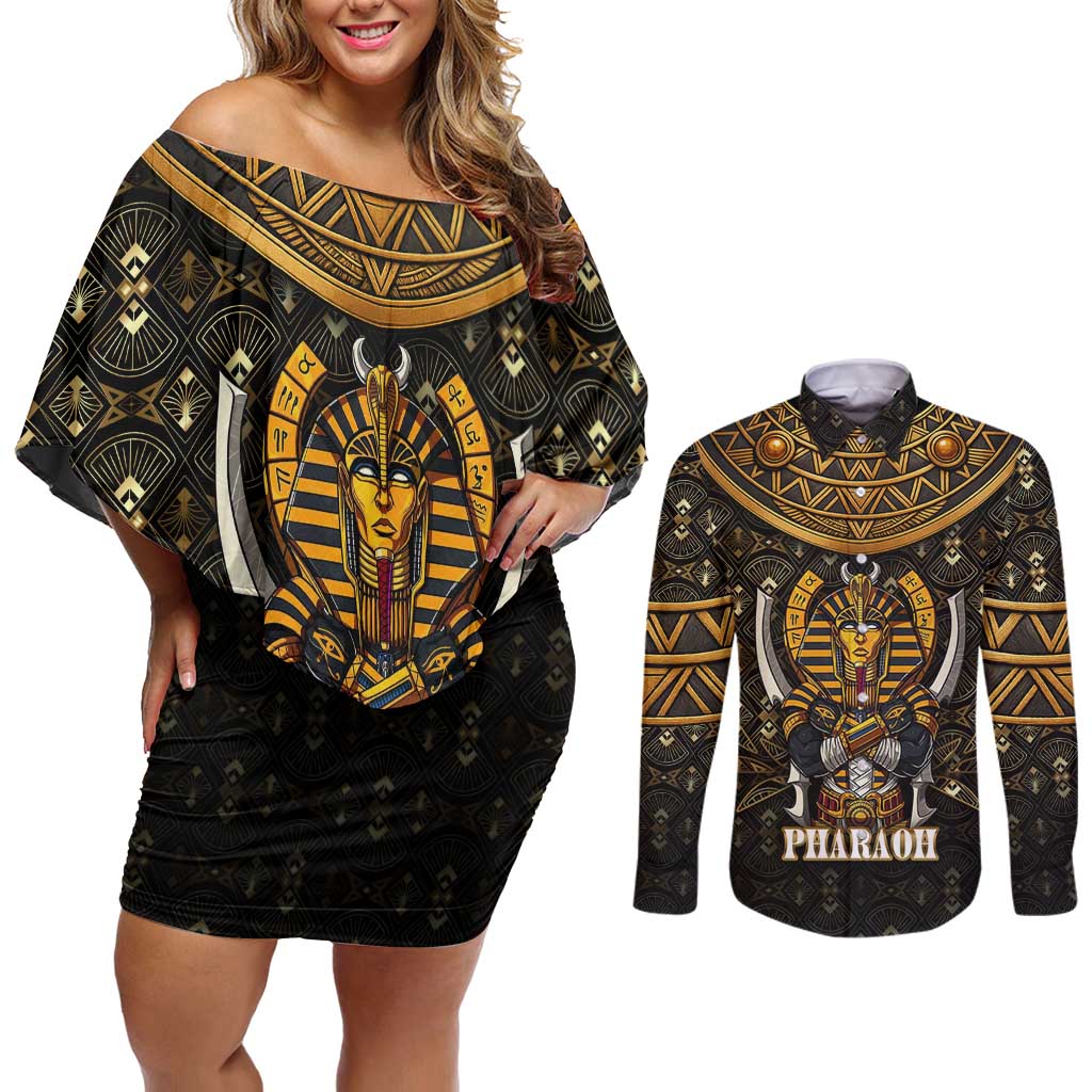 Pharaoh King Tut Egypt Couples Matching Off Shoulder Short Dress and Long Sleeve Button Shirt with Hieroglyphic Gold Pattern