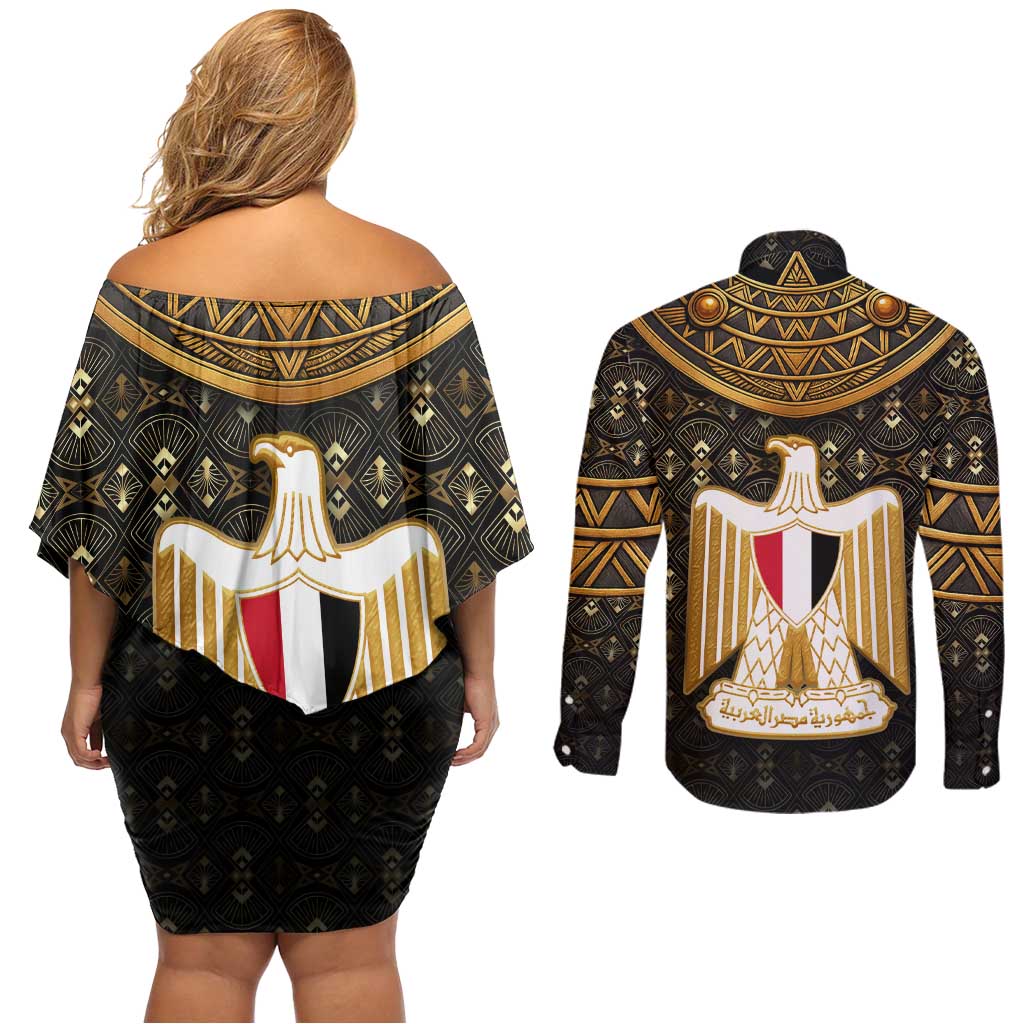 Pharaoh King Tut Egypt Couples Matching Off Shoulder Short Dress and Long Sleeve Button Shirt with Hieroglyphic Gold Pattern