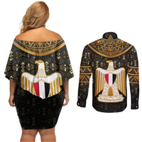 Pharaoh King Tut Egypt Couples Matching Off Shoulder Short Dress and Long Sleeve Button Shirt with Hieroglyphic Gold Pattern