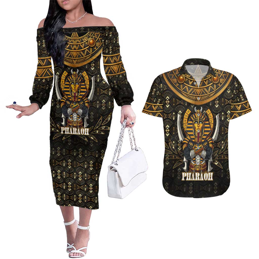 Pharaoh King Tut Egypt Couples Matching Off The Shoulder Long Sleeve Dress and Hawaiian Shirt with Hieroglyphic Gold Pattern