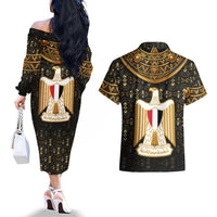 Pharaoh King Tut Egypt Couples Matching Off The Shoulder Long Sleeve Dress and Hawaiian Shirt with Hieroglyphic Gold Pattern