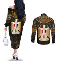 Pharaoh King Tut Egypt Couples Matching Off The Shoulder Long Sleeve Dress and Long Sleeve Button Shirt with Hieroglyphic Gold Pattern