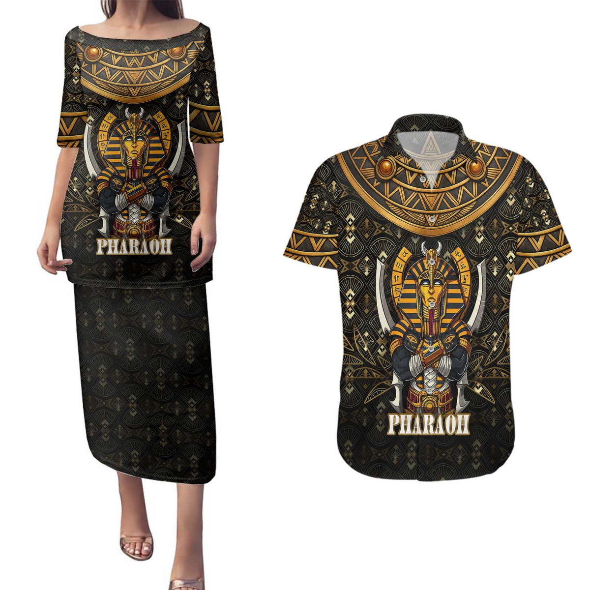 Pharaoh King Tut Egypt Couples Matching Puletasi and Hawaiian Shirt with Hieroglyphic Gold Pattern