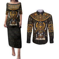 Pharaoh King Tut Egypt Couples Matching Puletasi and Long Sleeve Button Shirt with Hieroglyphic Gold Pattern