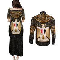 Pharaoh King Tut Egypt Couples Matching Puletasi and Long Sleeve Button Shirt with Hieroglyphic Gold Pattern