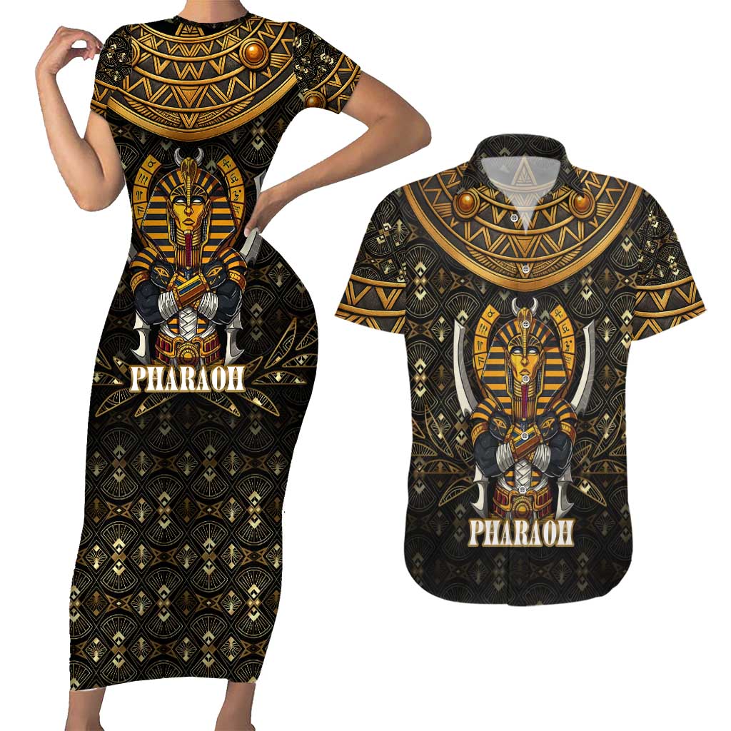 Pharaoh King Tut Egypt Couples Matching Short Sleeve Bodycon Dress and Hawaiian Shirt with Hieroglyphic Gold Pattern
