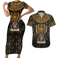 Pharaoh King Tut Egypt Couples Matching Short Sleeve Bodycon Dress and Hawaiian Shirt with Hieroglyphic Gold Pattern