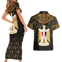 Pharaoh King Tut Egypt Couples Matching Short Sleeve Bodycon Dress and Hawaiian Shirt with Hieroglyphic Gold Pattern
