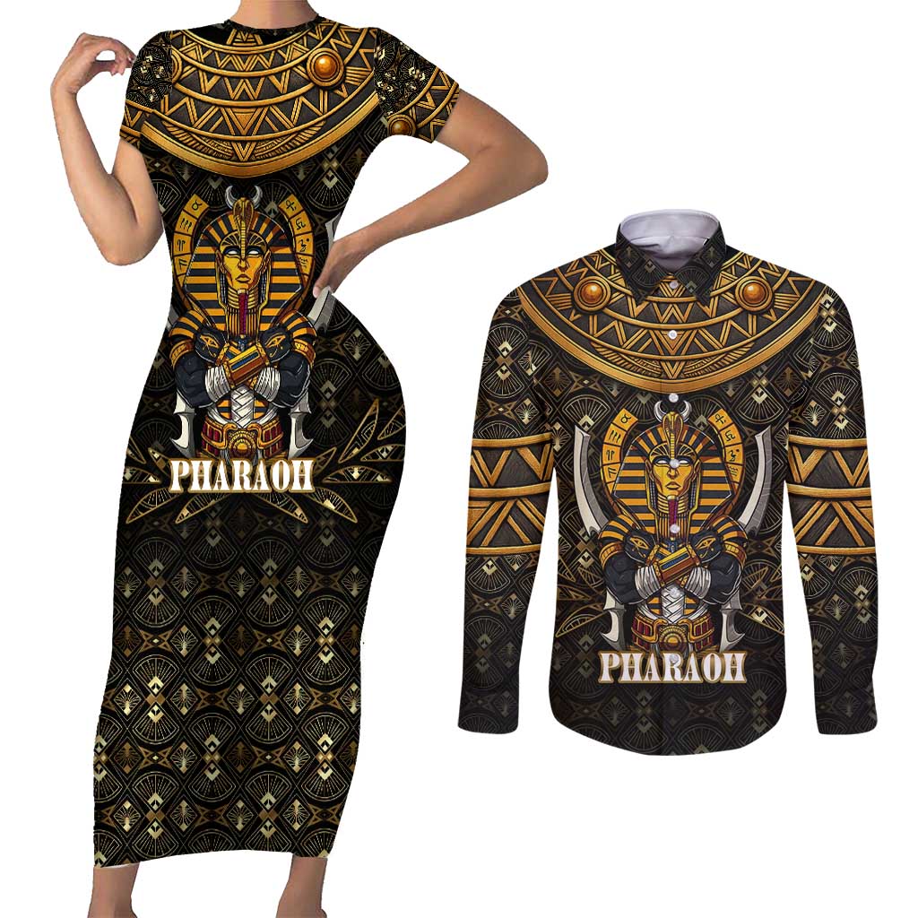 Pharaoh King Tut Egypt Couples Matching Short Sleeve Bodycon Dress and Long Sleeve Button Shirt with Hieroglyphic Gold Pattern