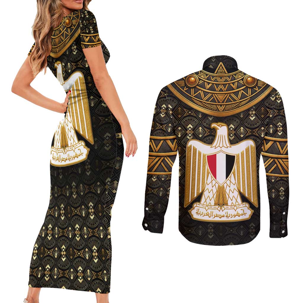 Pharaoh King Tut Egypt Couples Matching Short Sleeve Bodycon Dress and Long Sleeve Button Shirt with Hieroglyphic Gold Pattern