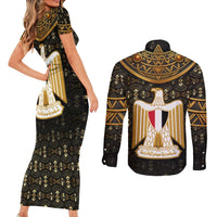 Pharaoh King Tut Egypt Couples Matching Short Sleeve Bodycon Dress and Long Sleeve Button Shirt with Hieroglyphic Gold Pattern