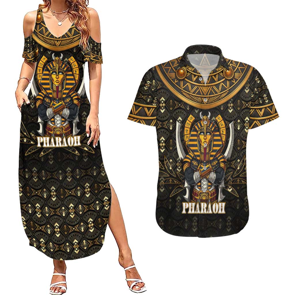 Pharaoh King Tut Egypt Couples Matching Summer Maxi Dress and Hawaiian Shirt with Hieroglyphic Gold Pattern